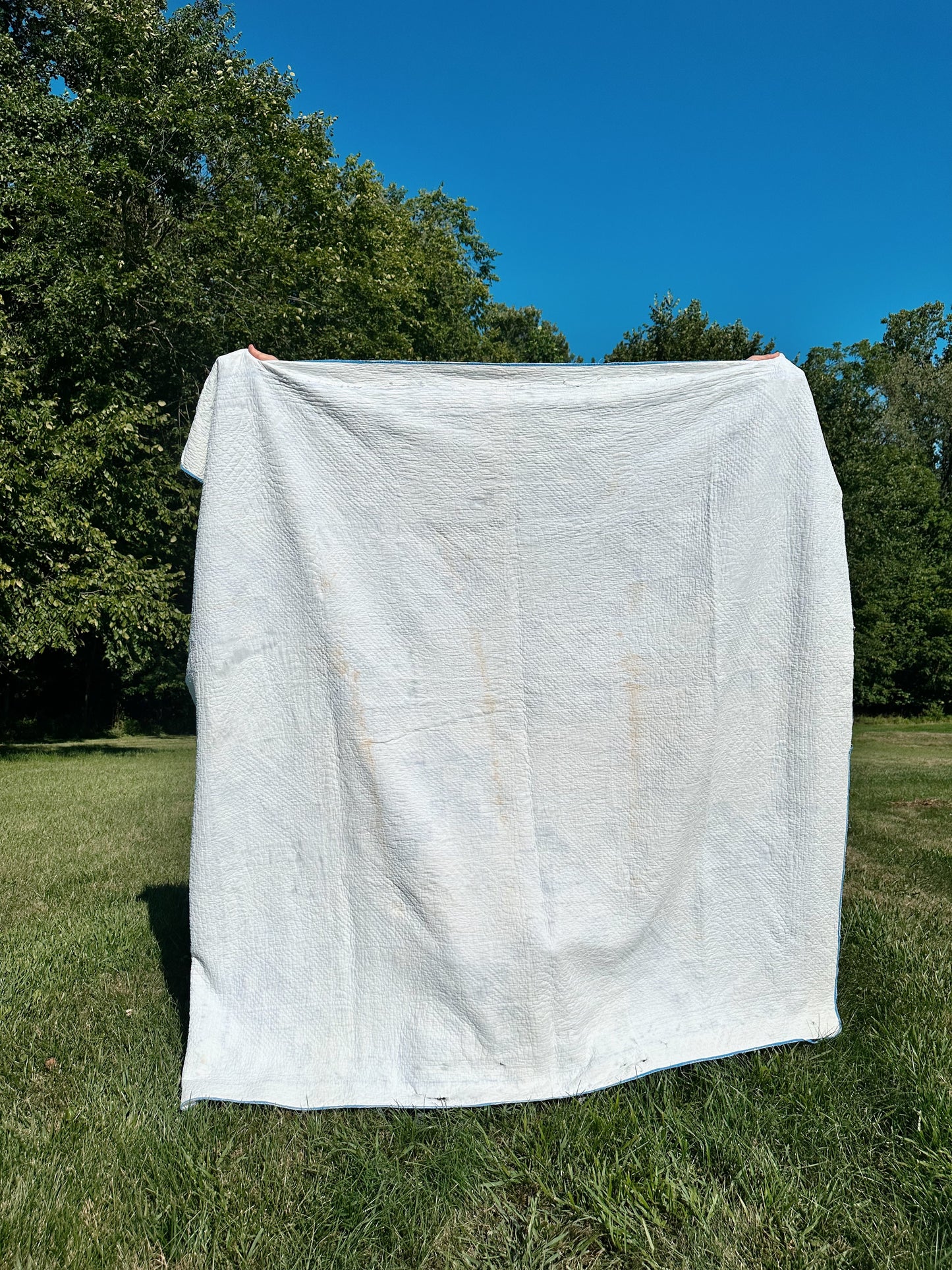 Antique Blue & White Roman Stripe Quilt, Hand Pieced & Hand Quilted