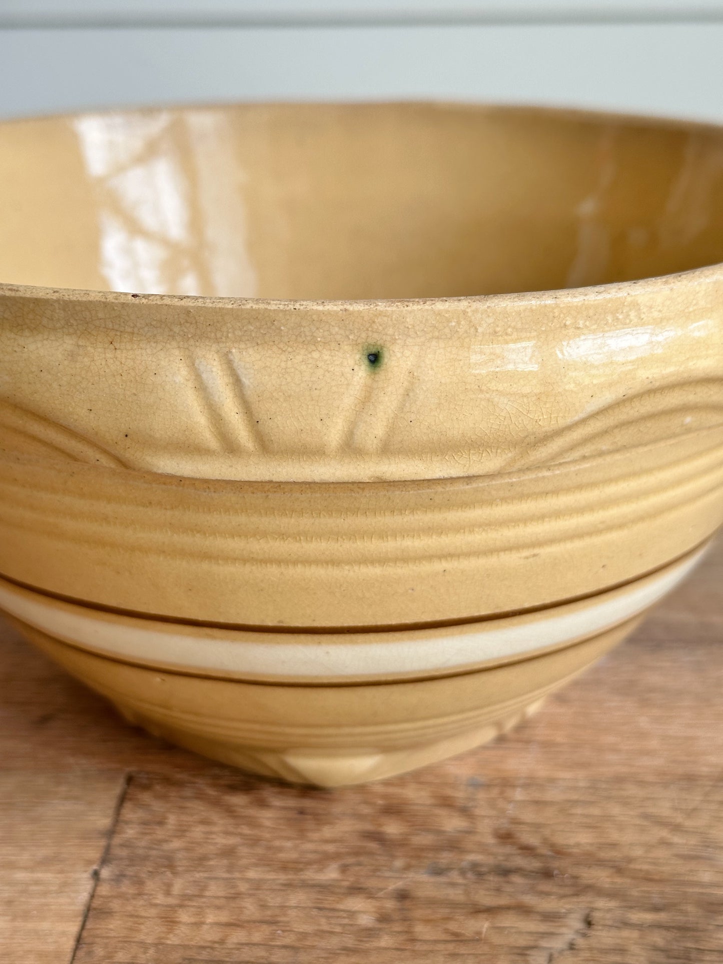 Vintage Golden Yellow Stoneware Bowl with White & Brown Stripes