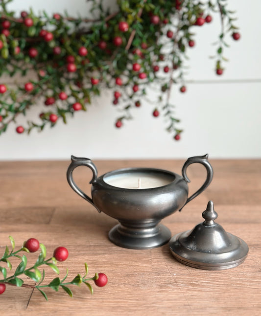 Cozy Christmas Vintage Vessel Candle, Pewter Sugar Bowl