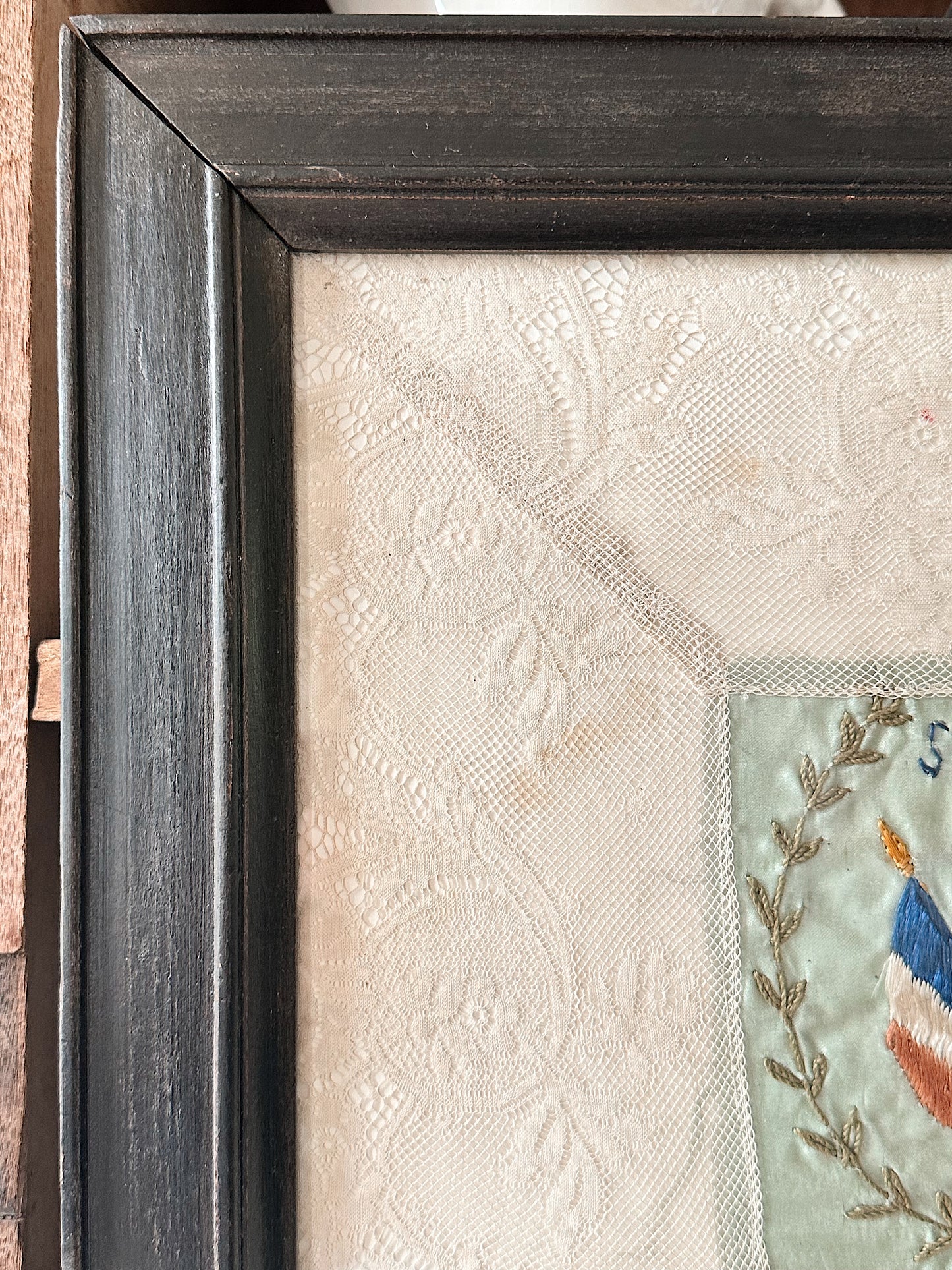 Framed WW1 Antique French Silk & Lace Embroidery Piece