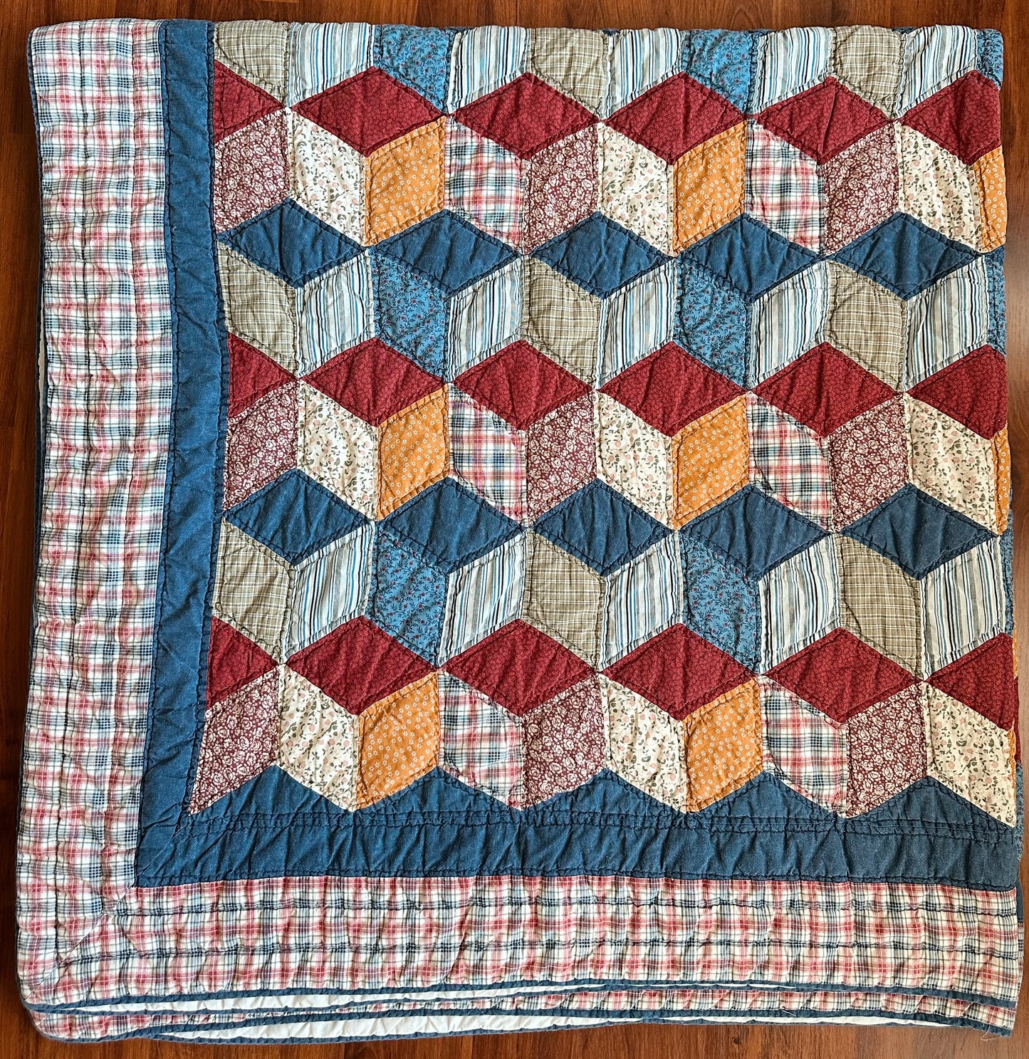 Vintage Hand Quilted Tumbling Blocks Quilt
