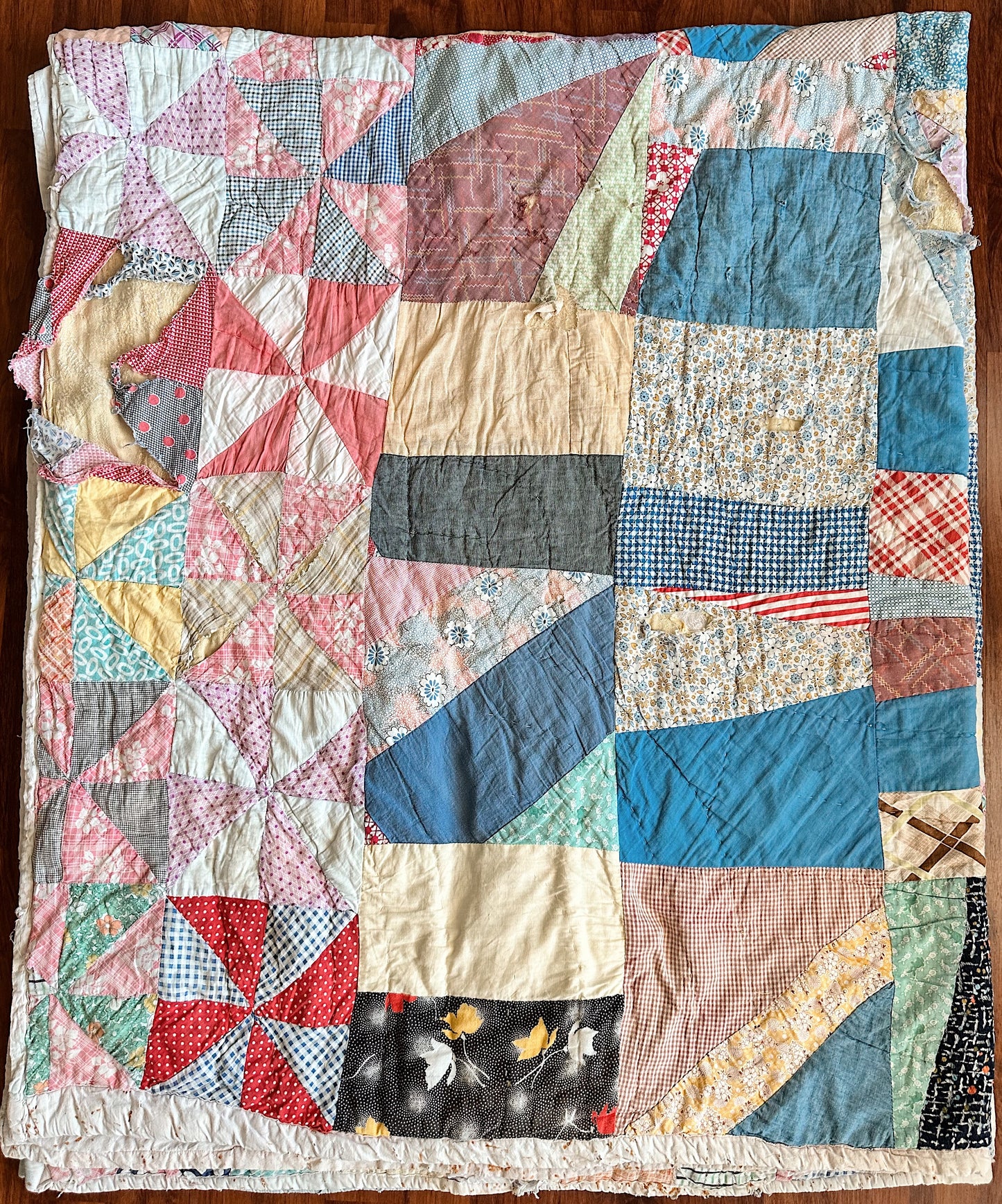 Vintage Hand Stitched Cotton Star & Crazy Scrap Quilt