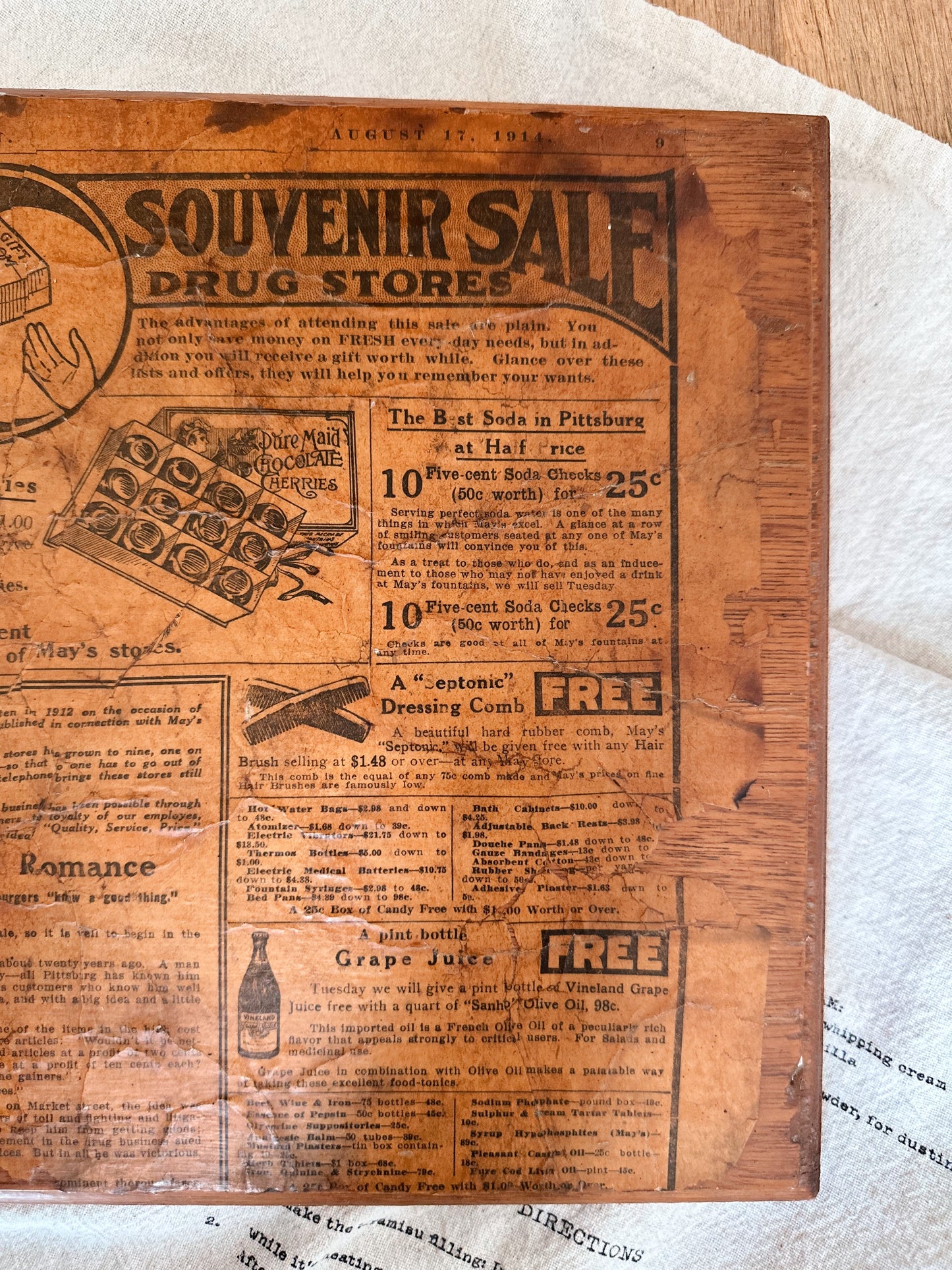 Antique 1914 Pittsburgh Sun May Drug Company Newspaper Advertisement on Wood