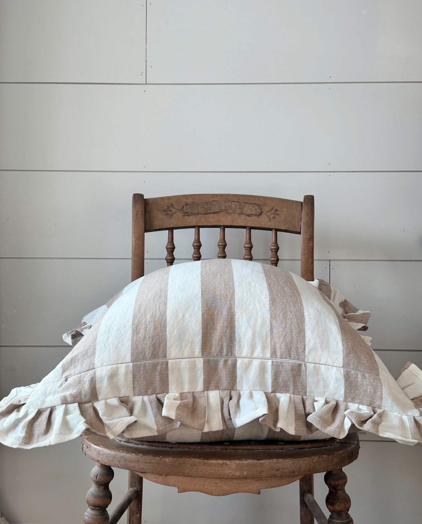 Ruffled Tan Stripe Pillow Cover
