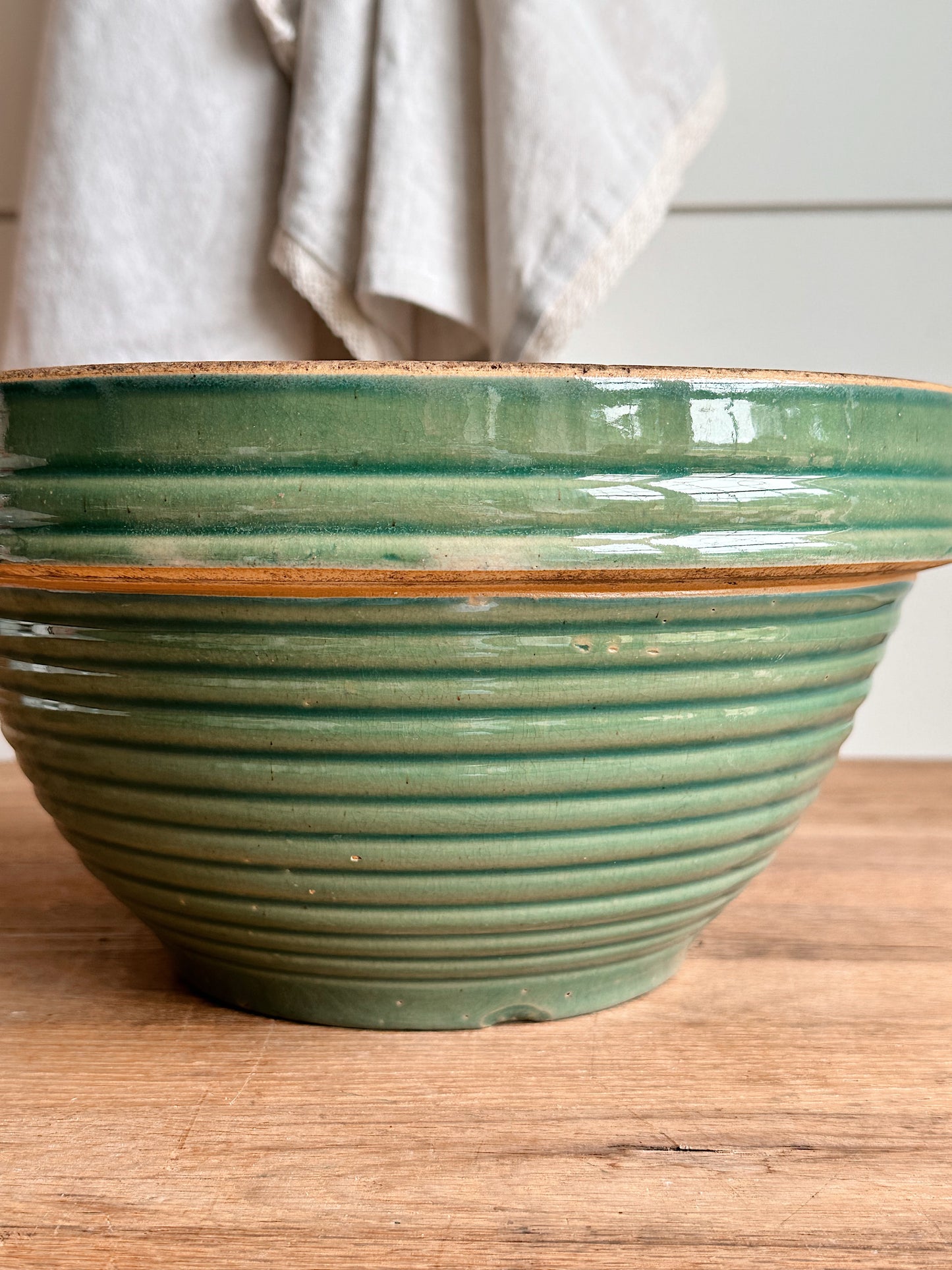 Big Beautiful Vintage Green Ribbed Stoneware Bowl