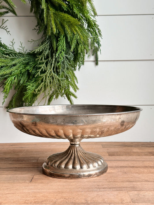 Vintage Fluted Tin Pedestal Dish