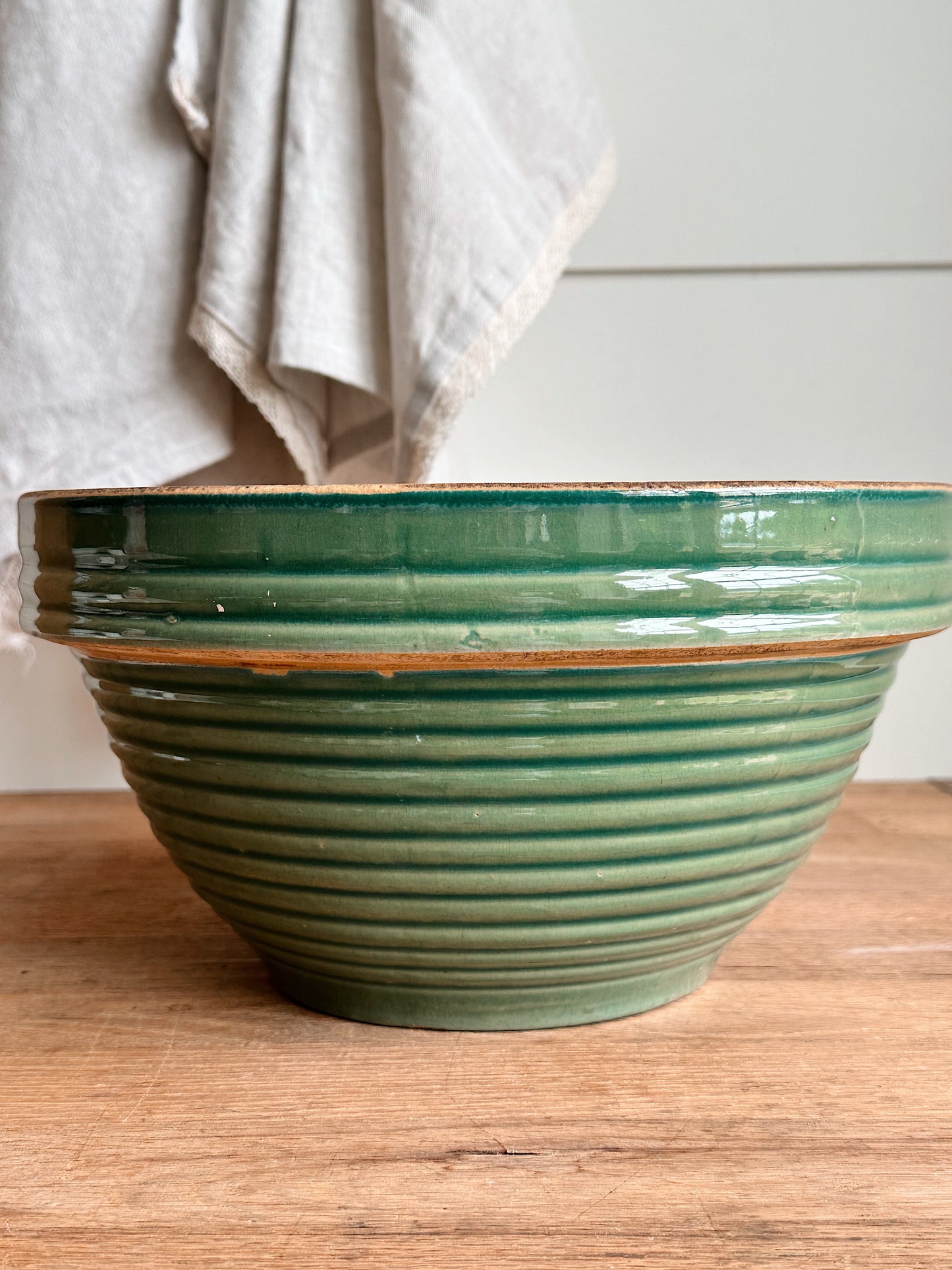 Big Beautiful Vintage Green Ribbed Stoneware Bowl