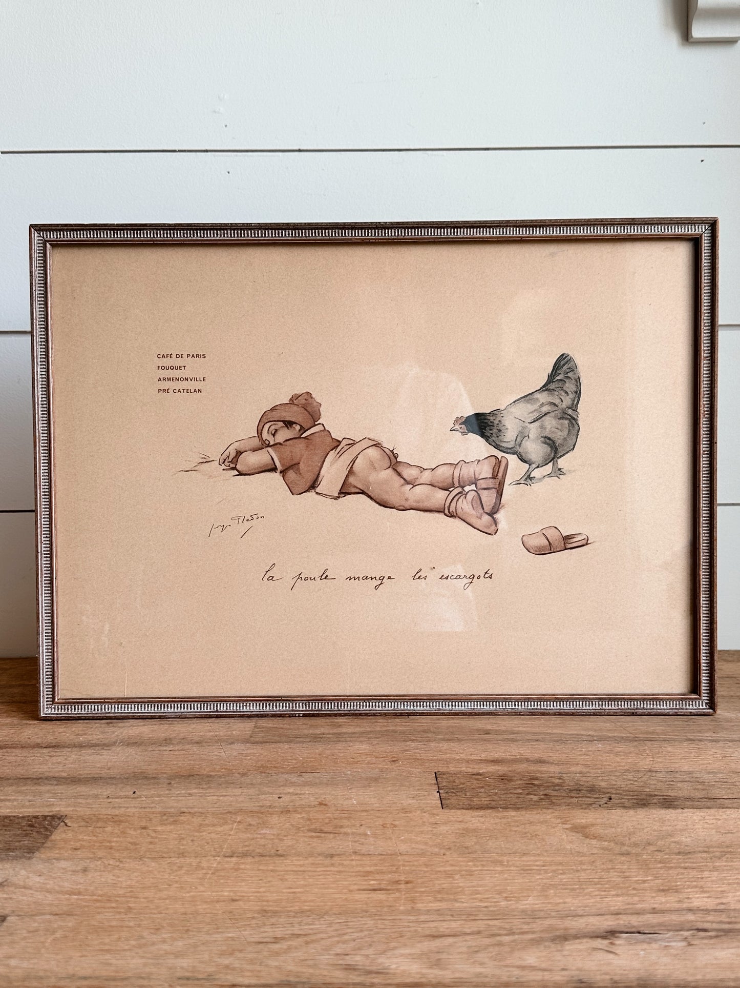 Vintage French Artist Jules Georges Redon Print, The Hen Eats the Snails