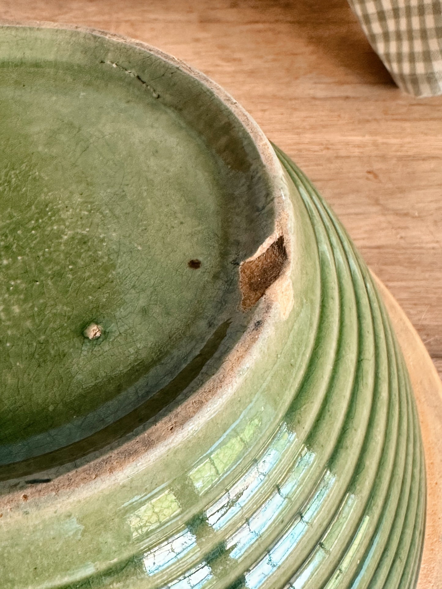 Vintage Green Ribbed Stoneware Mixing Bowl