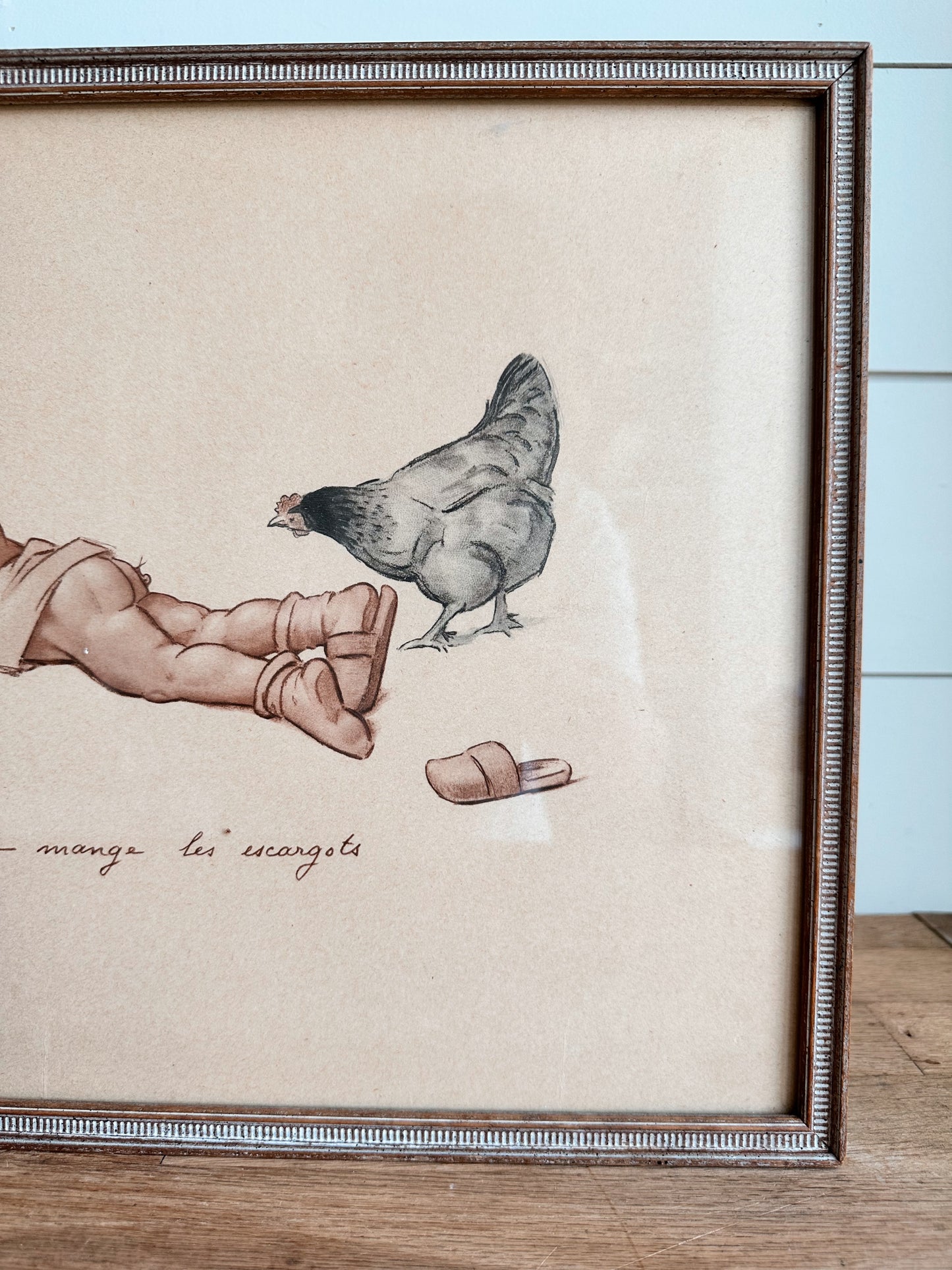 Vintage French Artist Jules Georges Redon Print, The Hen Eats the Snails