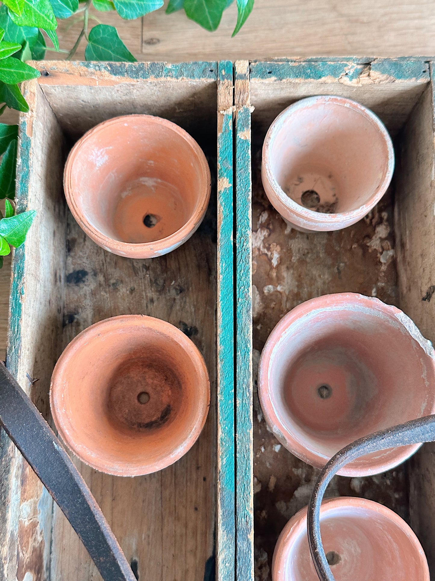 Vintage Handmade Wood Caddy & Pots