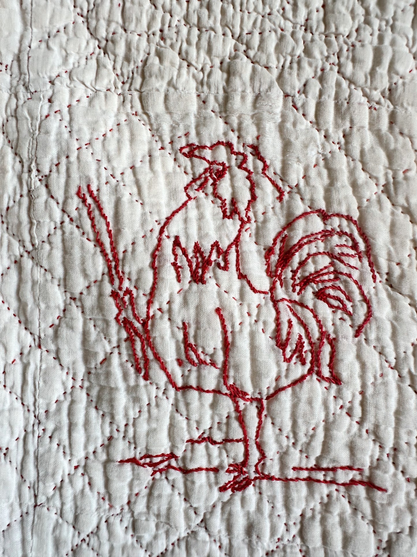 Antique Early 20th Century Redwork Embroidered Hand-Quilted Quilt