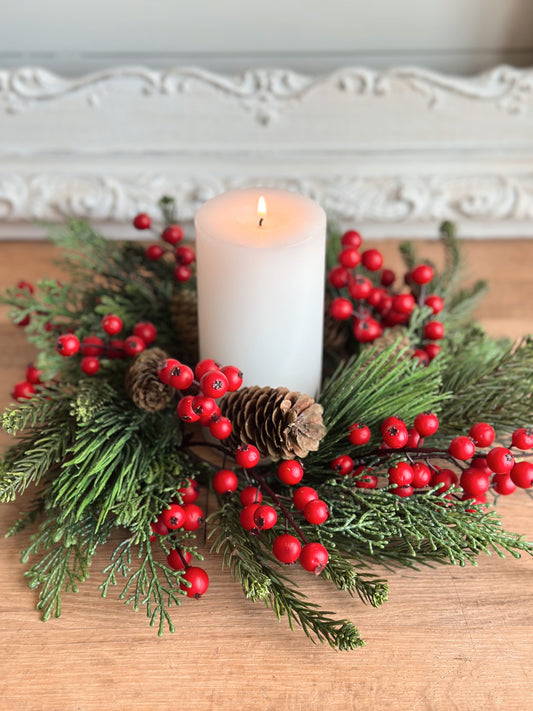 Evergreen & Red Berry Candle Ring, Wreath