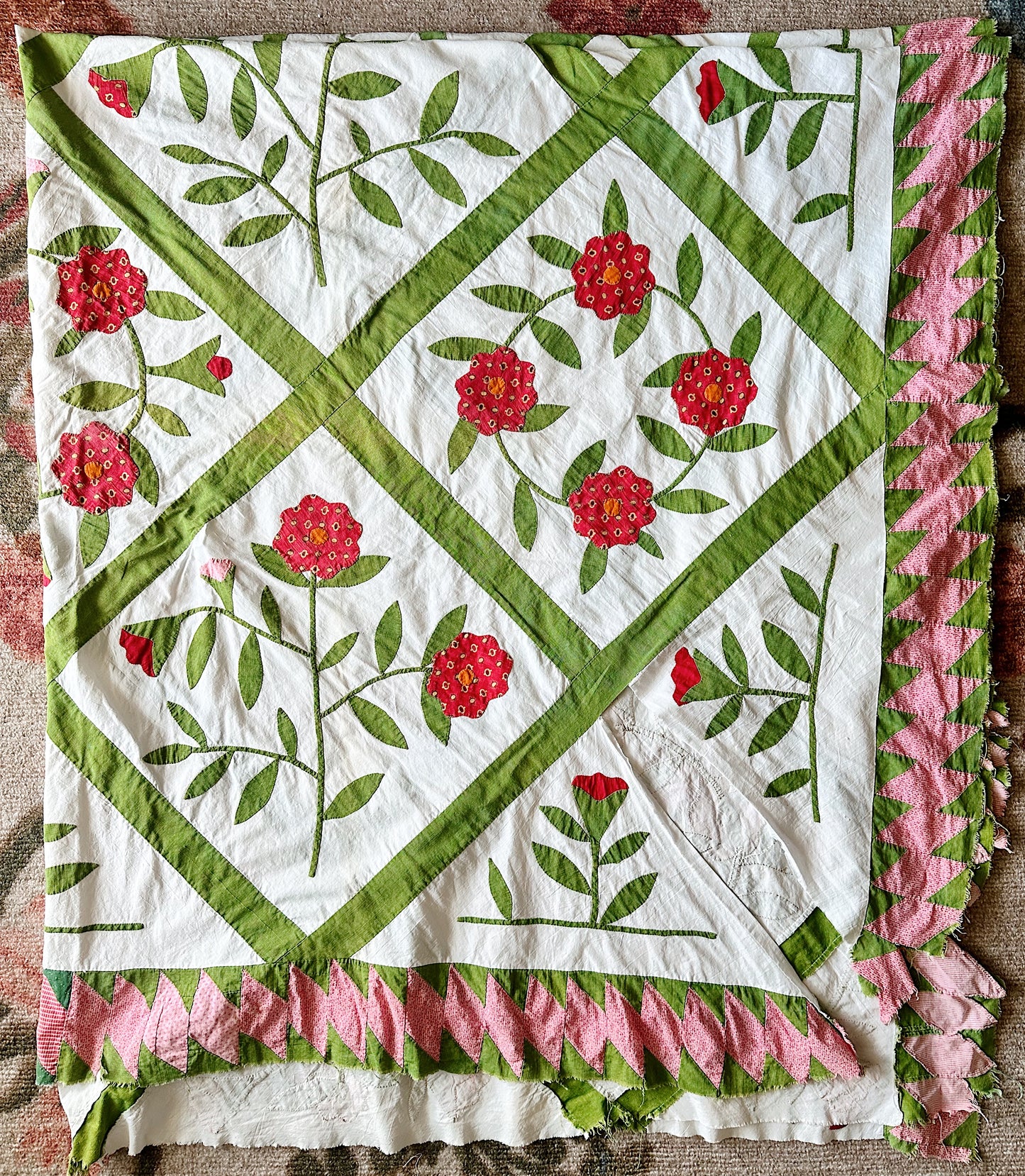 Vintage Hand Appliqué Flower Trellis Quilt Top