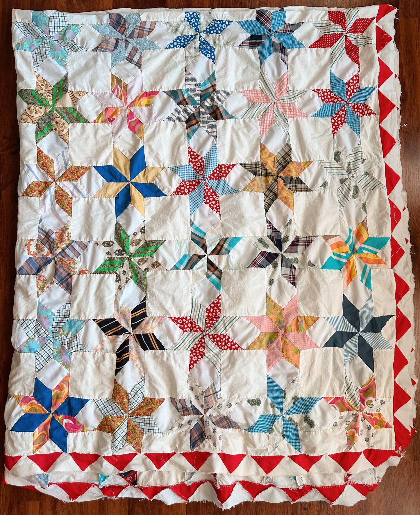 Vintage Hand Pieced 8-Point Star Quilt Top