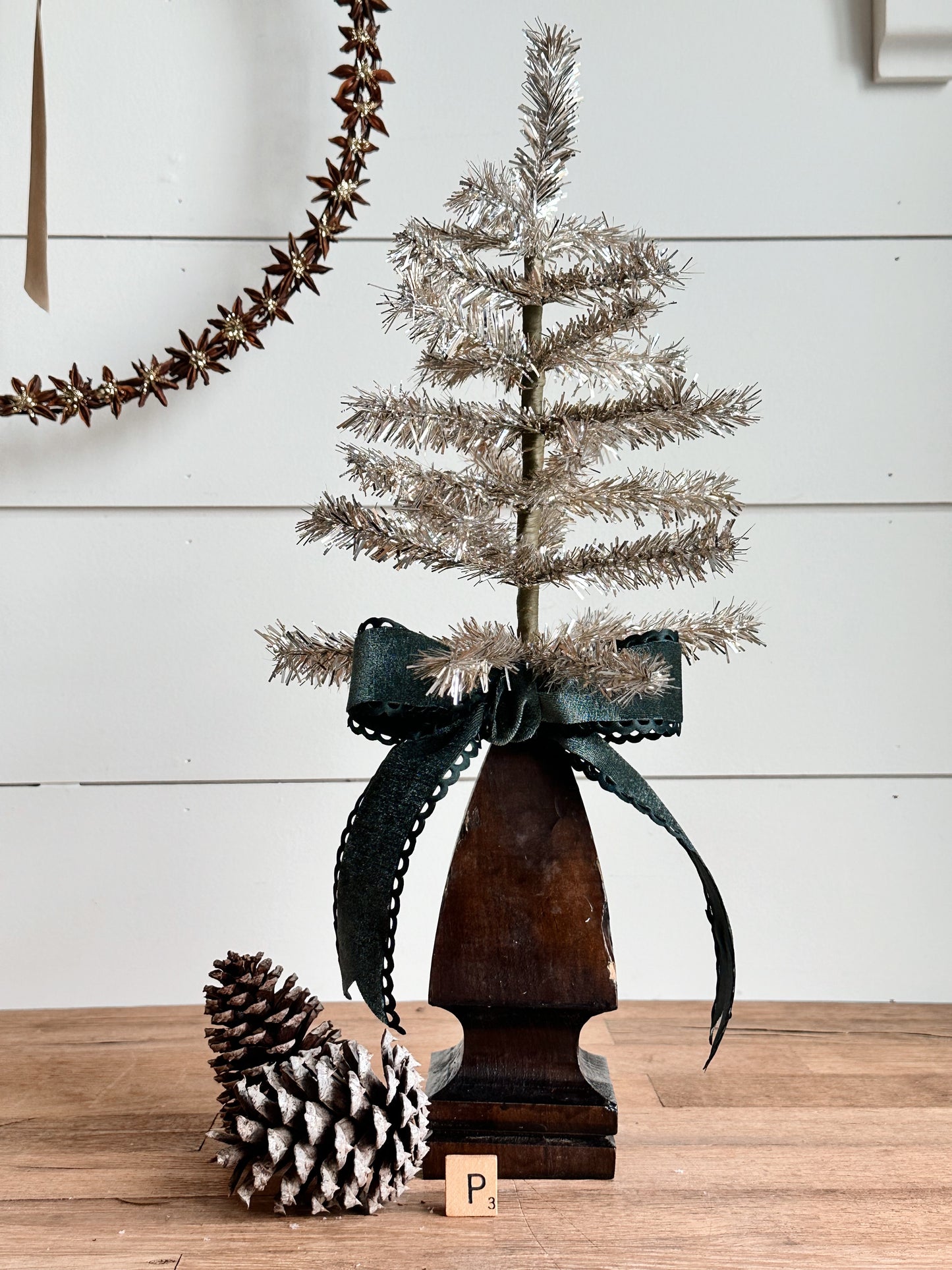 Vintage Wood Finial Tinsel Tree