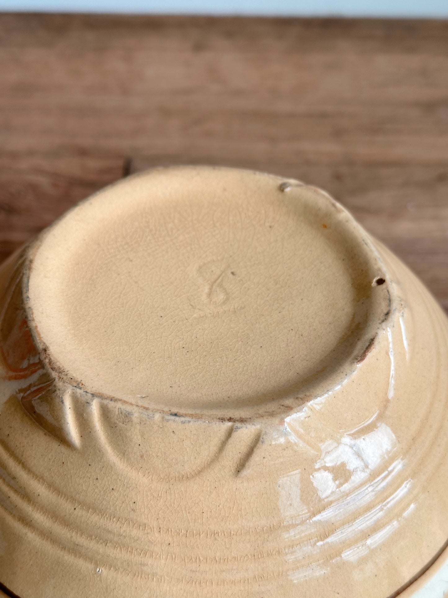 Vintage Golden Yellow Stoneware Bowl with White & Brown Stripes