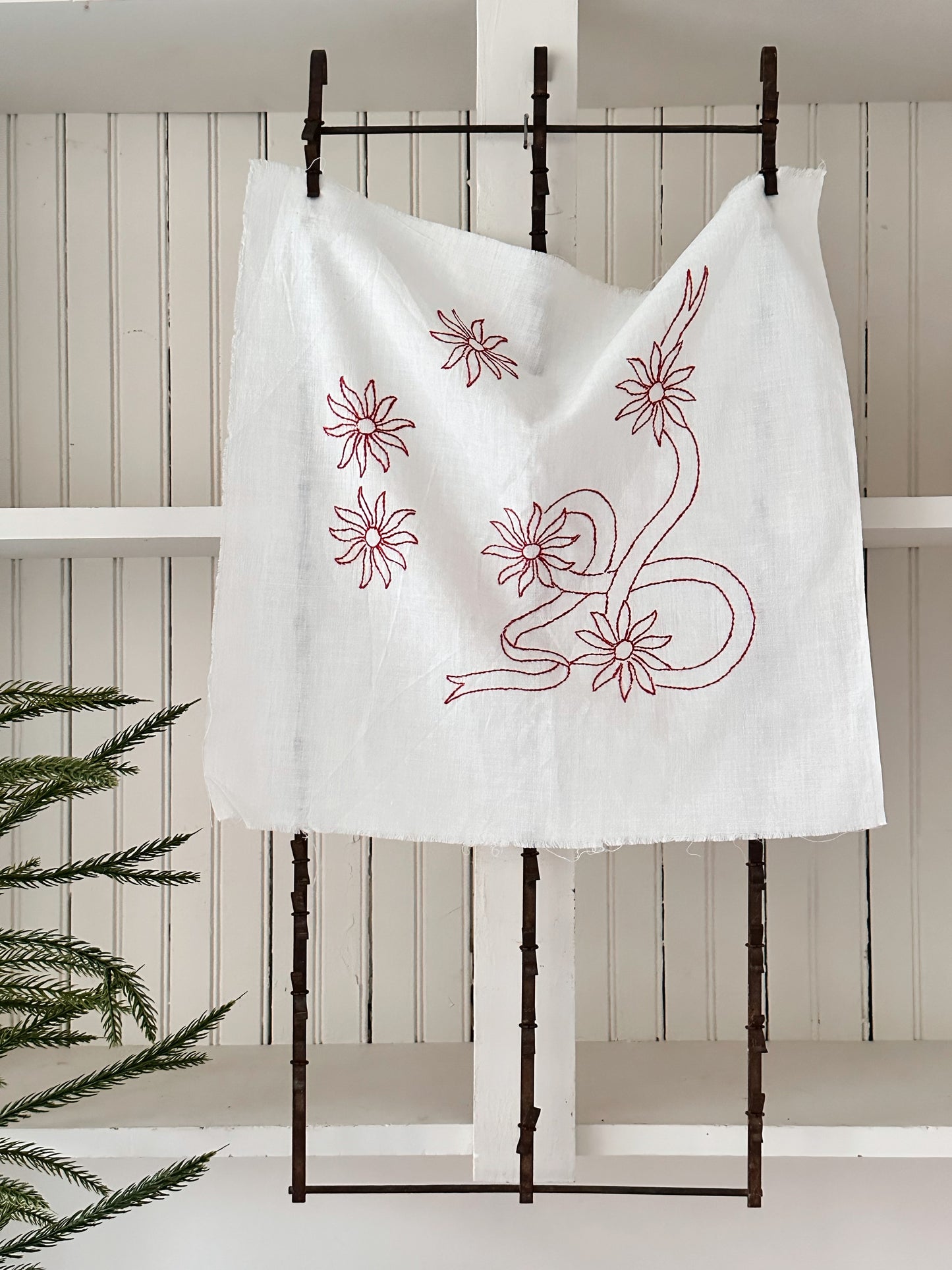 Vintage Hand Stitched Red Work Quilt Block