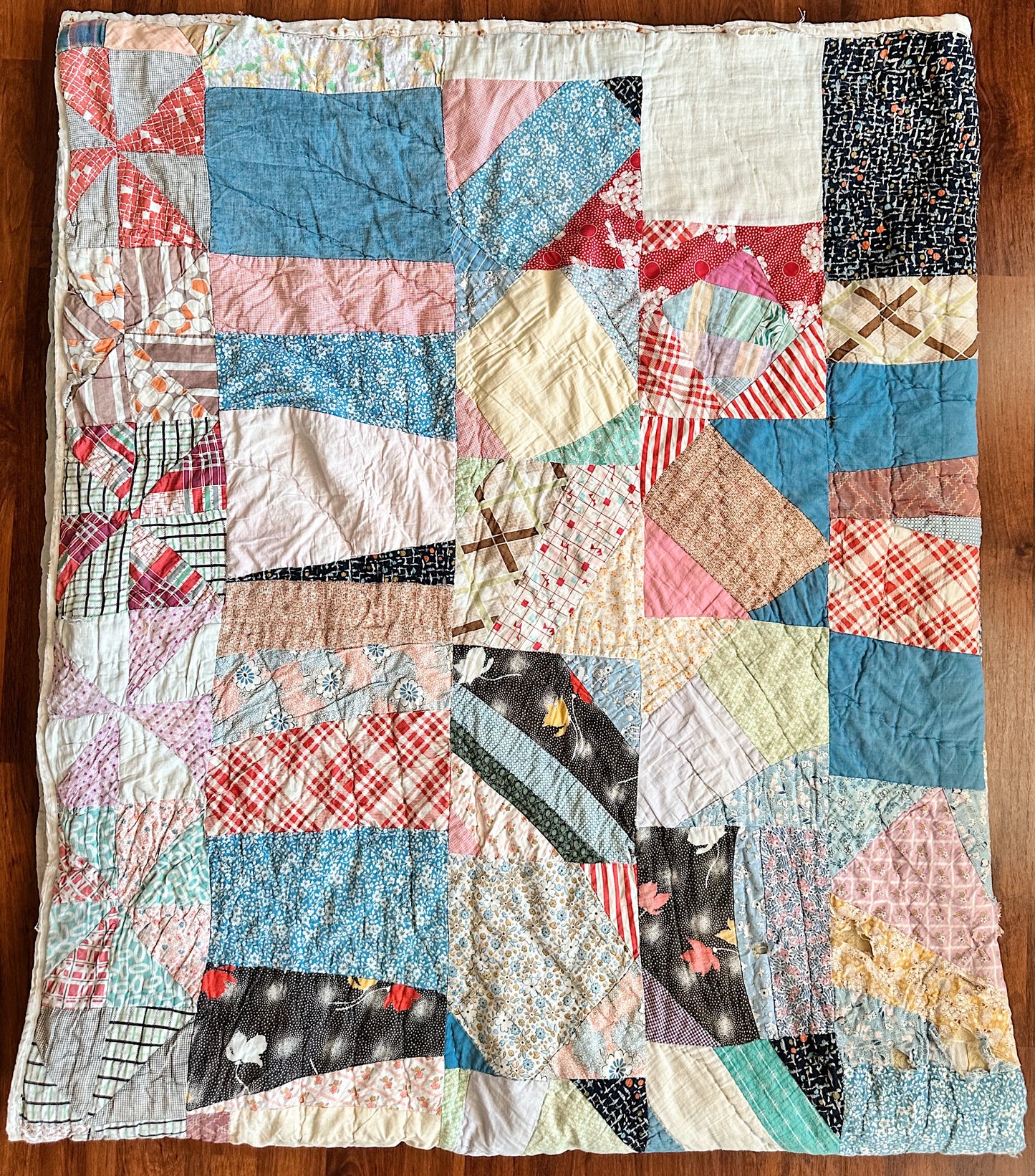Vintage Hand Stitched Cotton Star & Crazy Scrap Quilt