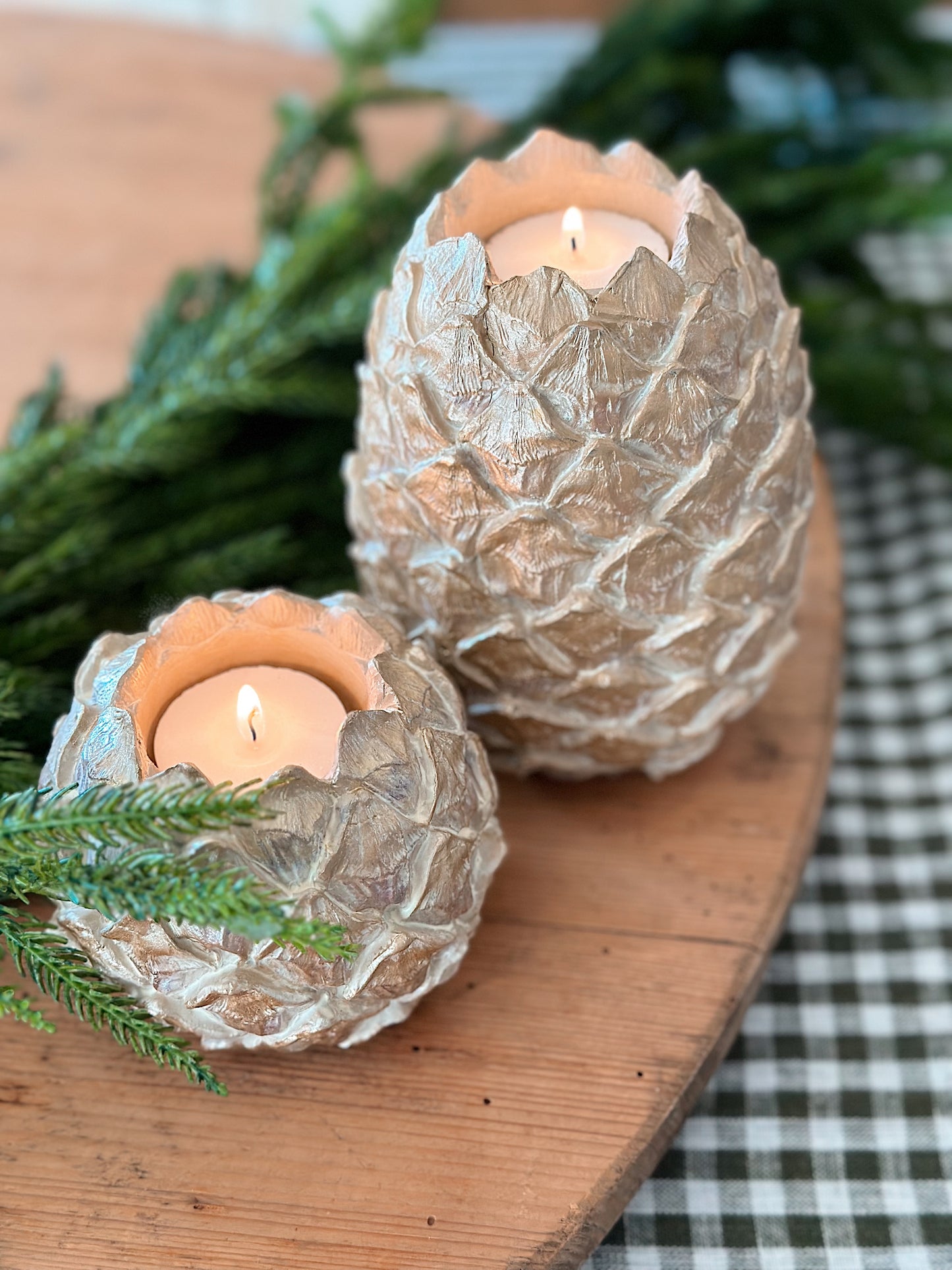 Set of Two Chunky Pinecone Tea Light Holders (golden wash)