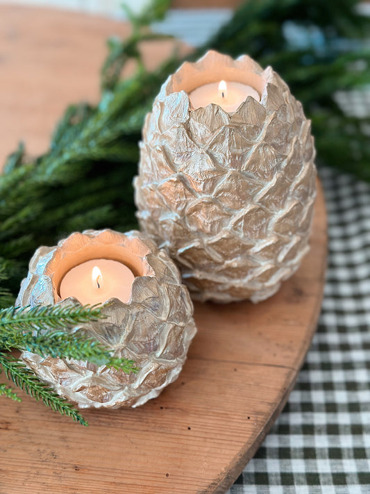 Set of Two Chunky Pinecone Tea Light Holders (golden wash)