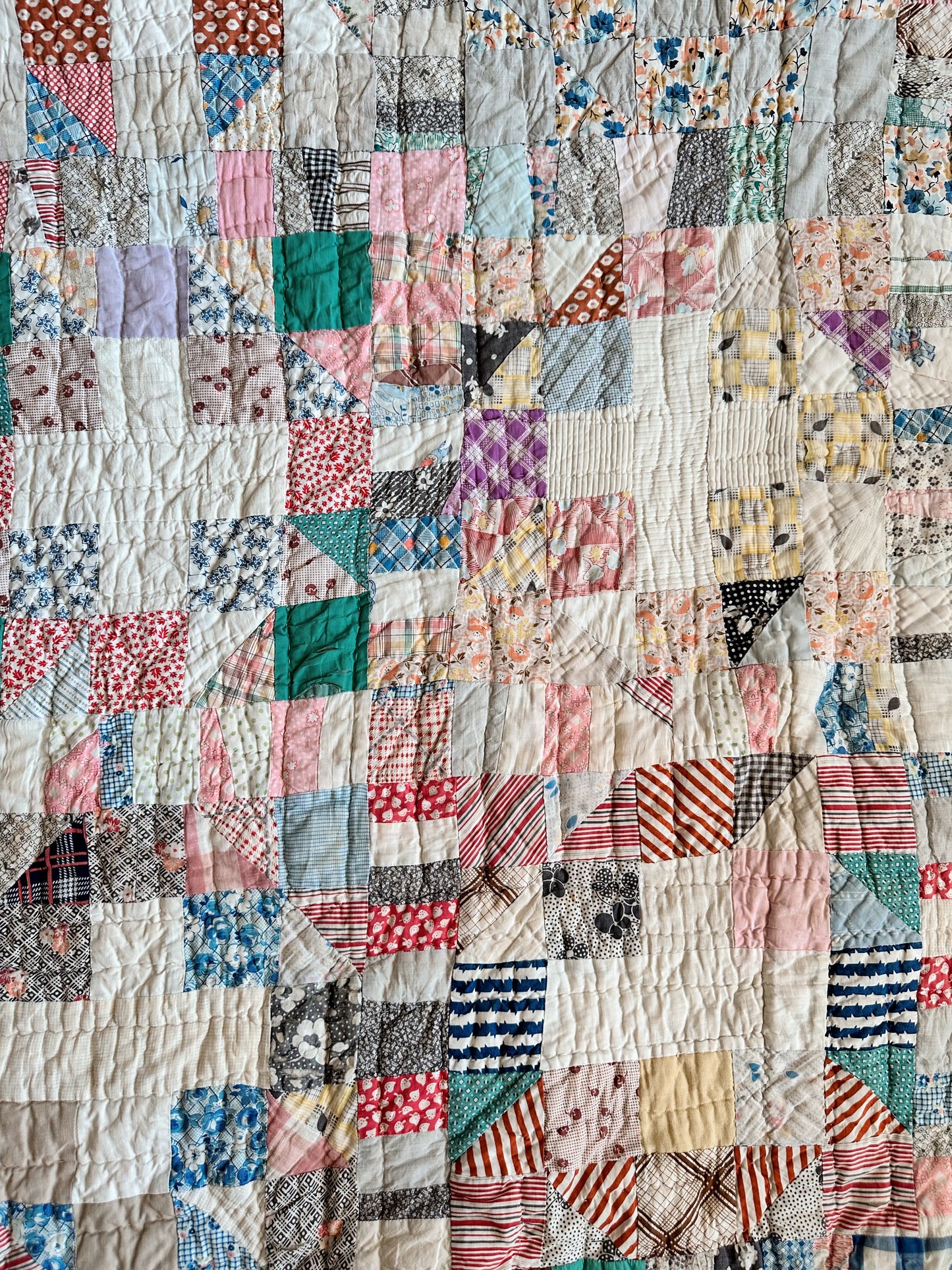 1930s Hand-Quilted Sampler Patchwork Feed Sack Quilt