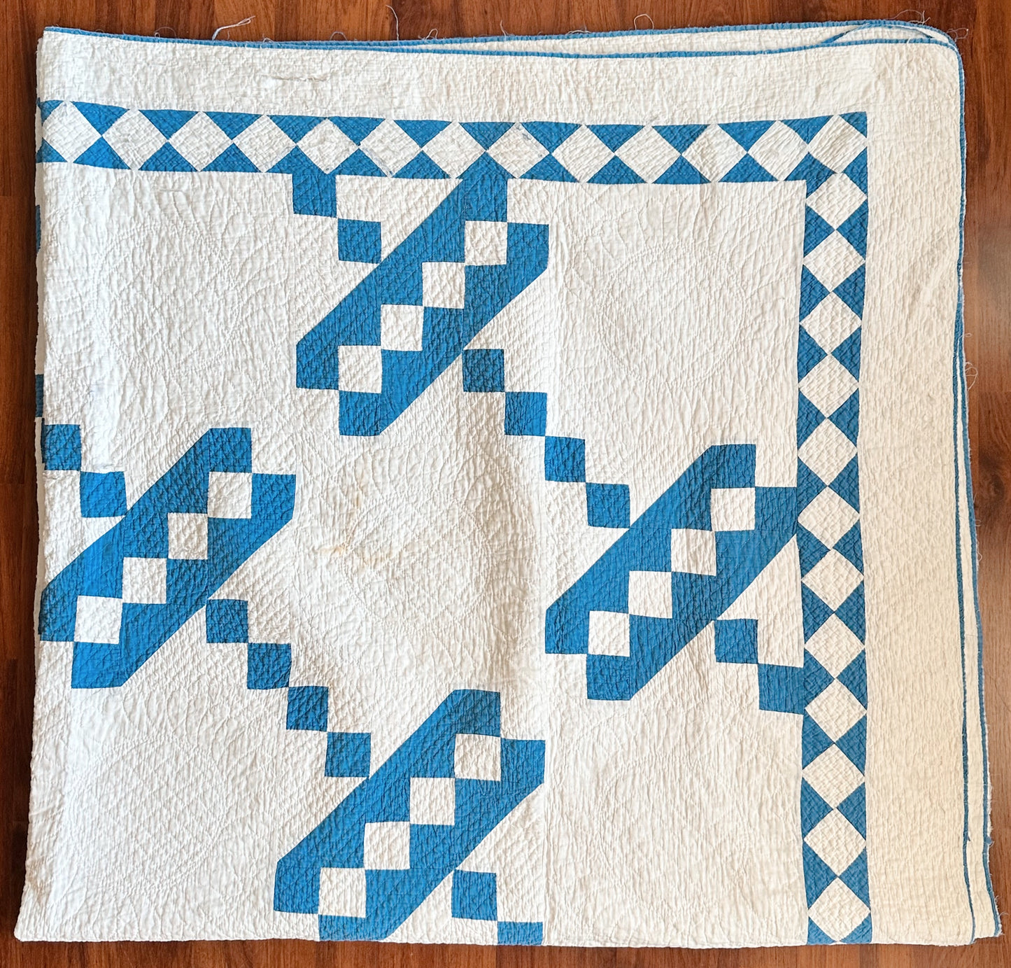 Antique Blue & White Roman Stripe Quilt, Hand Pieced & Hand Quilted