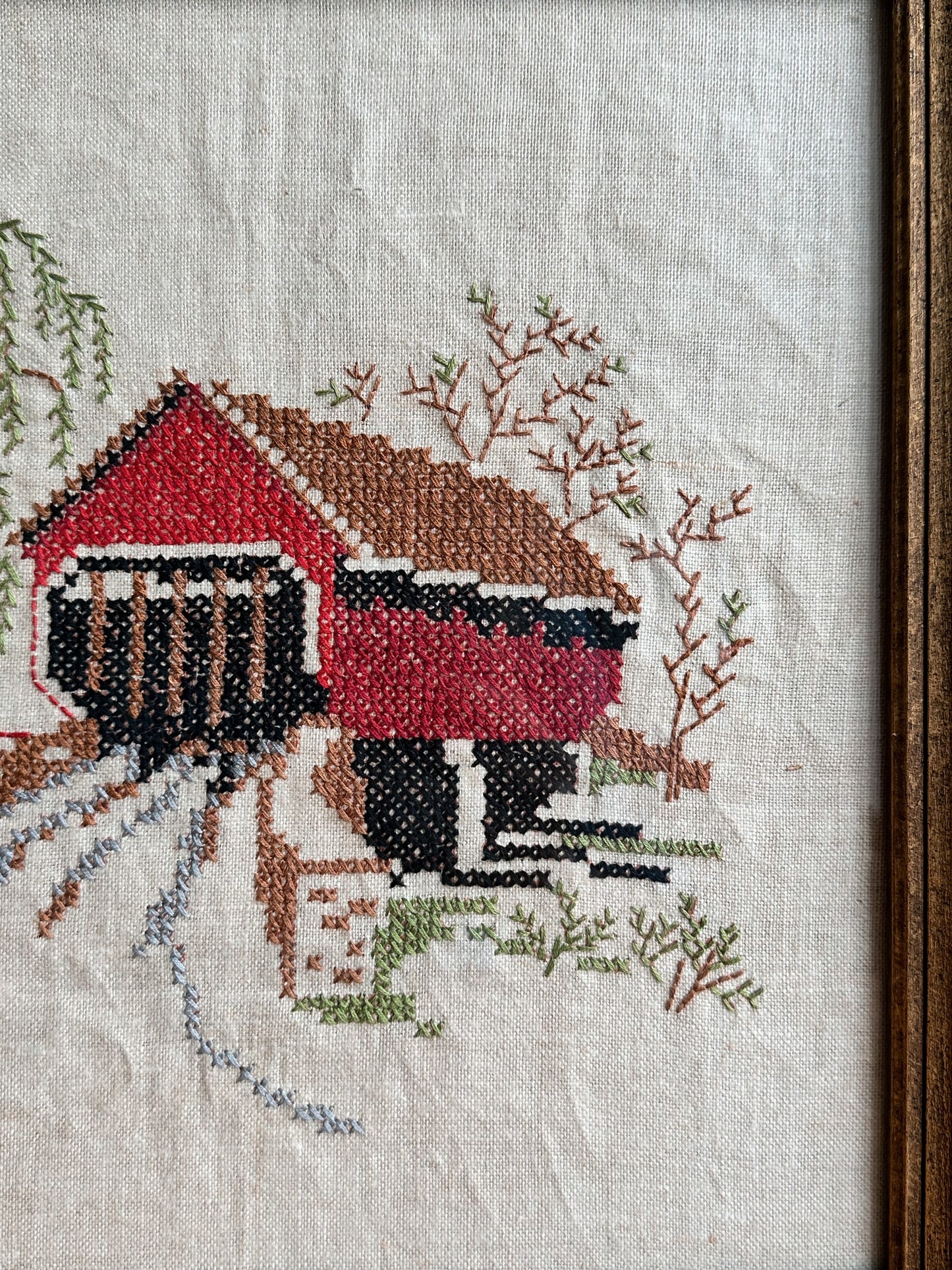 Vintage Covered Bridge Framed Cross Stitch