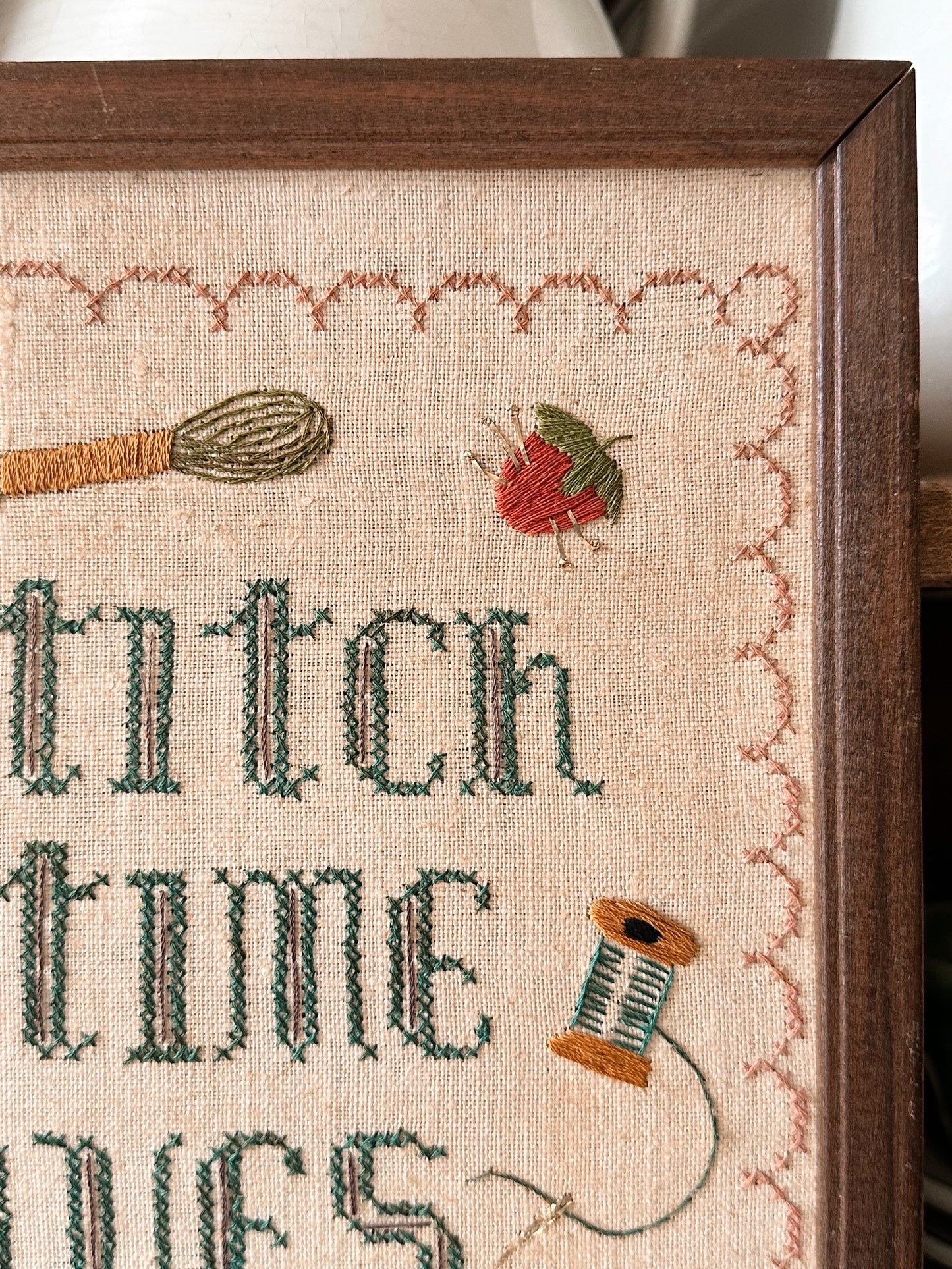 Vintage Cross Stitch and Embroidery Wall Hanging - A Stitch in Time Saves 9