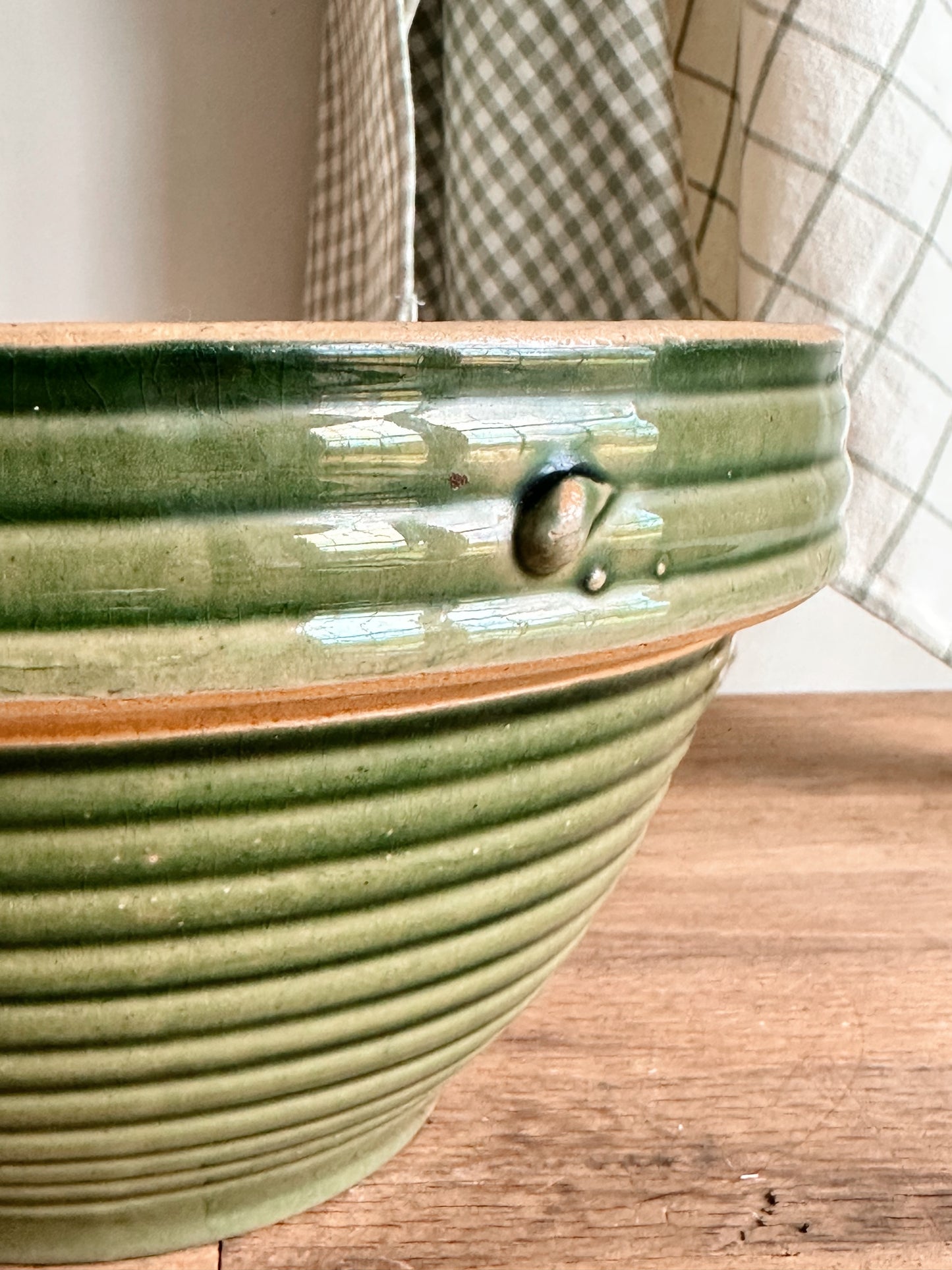 Vintage Green Ribbed Stoneware Mixing Bowl
