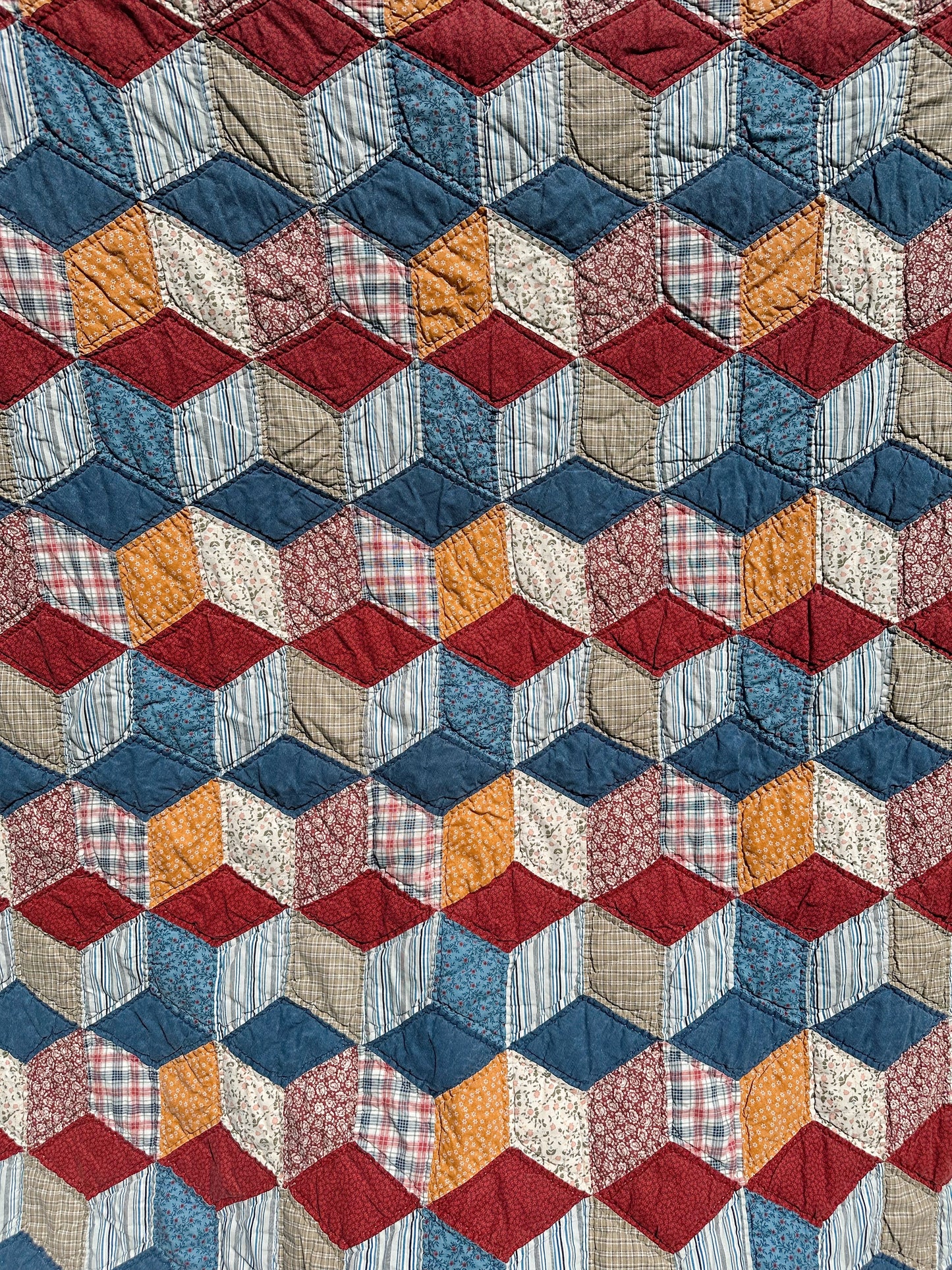 Vintage Hand Quilted Tumbling Blocks Quilt