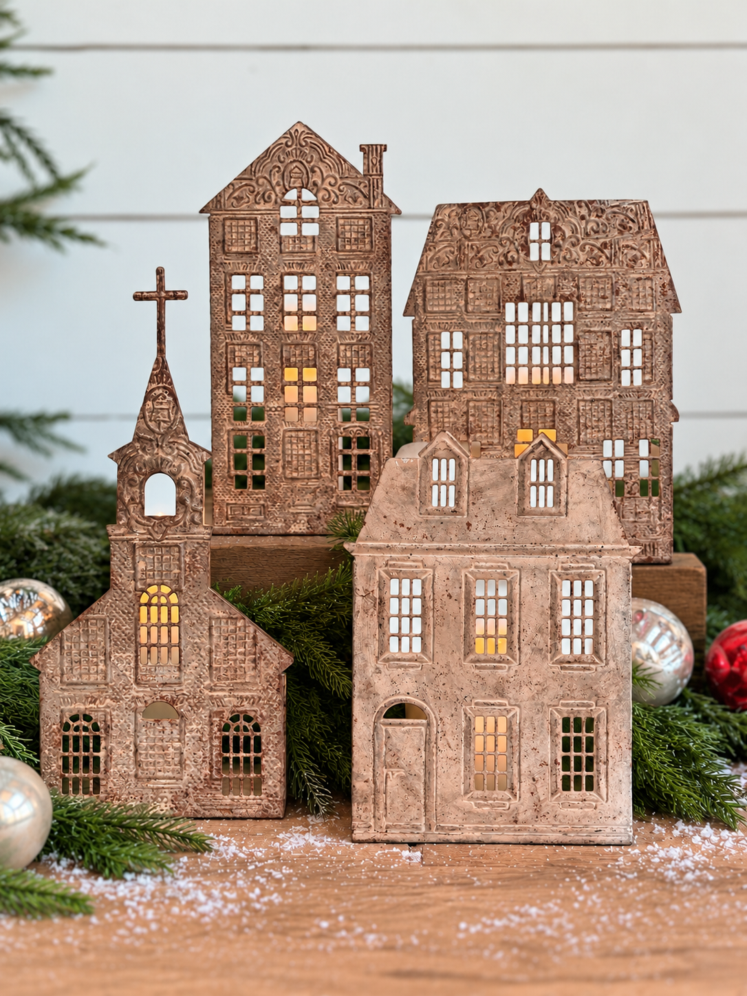 Embossed Tin House Candle Holders