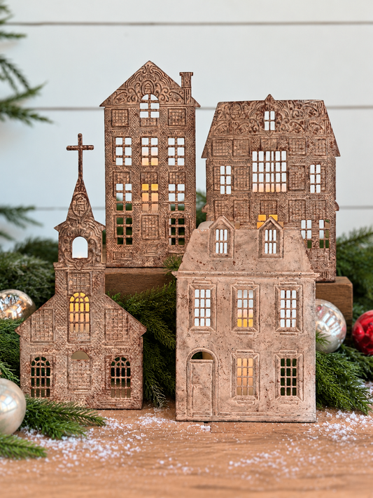 Embossed Tin House Candle Holders