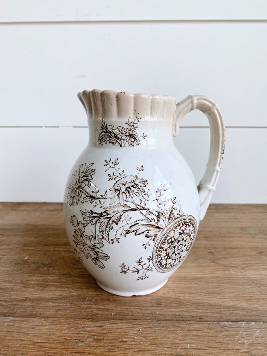 Beautiful Vintage Brown & White Transferware Creamer